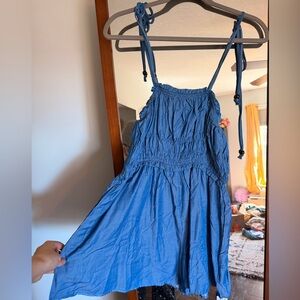 Cupshe Blue Chambray Smocked Tie Strap Mini‎ Dress with Wooden Beads Size L